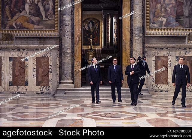 US Secretary of State Antony Blinken visits the Regia hall, in the Apostolic Palace, at the Vatican, ahead of his meeting with Pope Francis