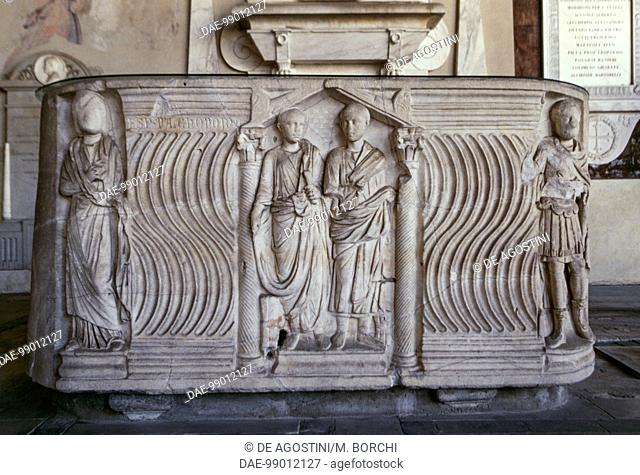 Trough sarcophagus with curvilinear decorations and male figures in a shrine, 220-250, Monumental Cemetery of Pisa (UNESCO World Heritage Site, 1987), Tuscany