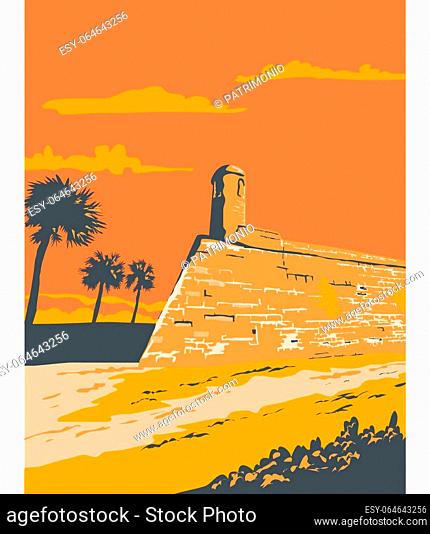 WPA style illustration of Fort Marion in St. Augustine, Florida, United States the oldest place of European settlement on the North American Continent done in...