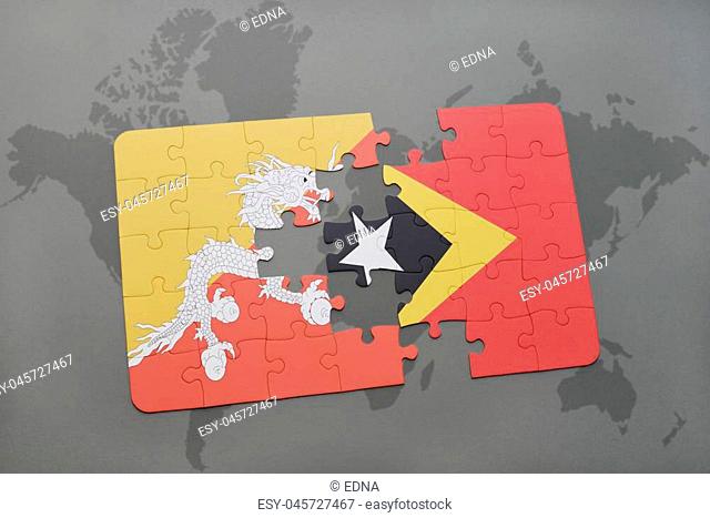 puzzle with the national flag of bhutan and east timor on a world map background. 3D illustration