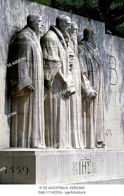 Statues of William Farel, John Calvin, Theodore Beza and John Knox, Reformation Wall, 1909, Geneva, Switzerland, 20th century