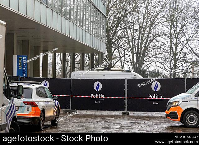 Police pictured on the scene at the 'campus Tweekerken' site of the UGent university where a lifeless body was found on Tuesday 05 December 2023