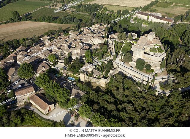 France, Vaucluse, regional park of the Luberon, Ansouis, labellise The Most Beautiful Villages of France, perched village and its castle (aerial view)
