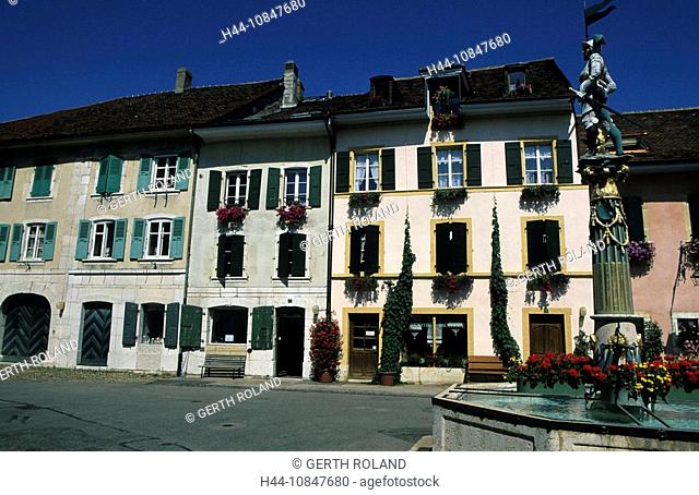 Switzerland, Europe, Canton Neuchatel, Le Landeron, Old Town, houses, homes, fountain, flowers, floral decoration, med