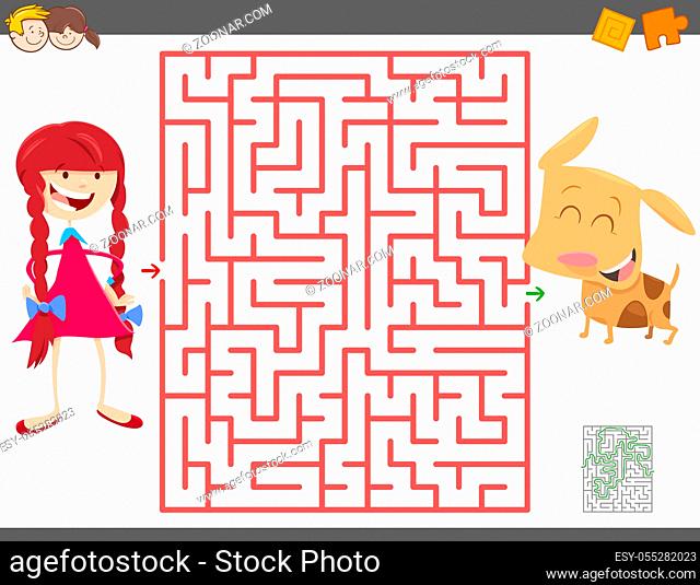 Cartoon Illustration of Education Maze or Labyrinth Activity Game for Children with Girl and her Puppy