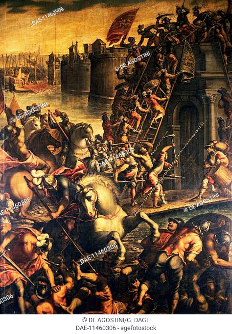 The Doge of Venice Enrico Dandolo and his crusaders storming the city of Zara in 1202, oil on canvas, by Andrea Michieli (ca 1542-ca 1617)