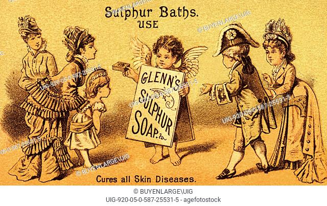 A Victorian medical tradecard for a quack medical cure for all dermatological conditions. The card shows a cherub with a sign board telling a small crowd about...