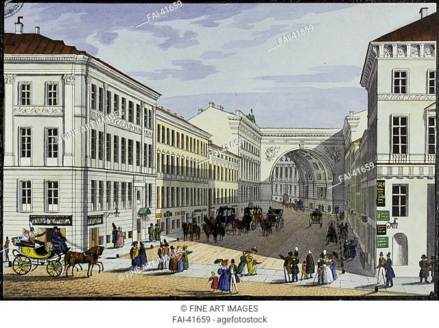 Millionnaya Street and Kotomin House in Saint Petersburg by Beggrov, Karl Petrovich (1799-1875)/Lithograph, watercolour/Neoclassicism/First half of the 19th...