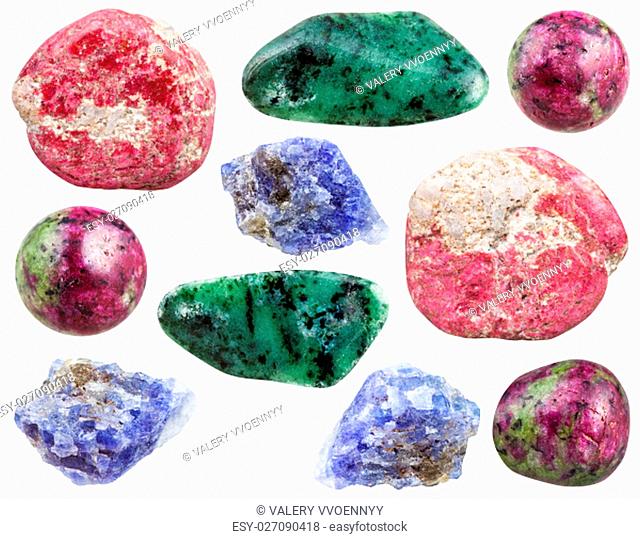 set of various zoisite (tanzanite, anyolite, saualpite, thulite, rosaline, etc) crystals, rocks and gemstones isolated on white background