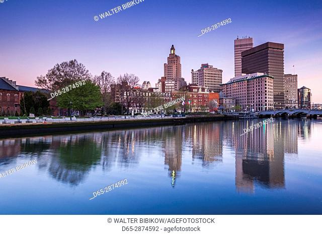 USA, Rhode Island, Providence, city skyline from the Providence River, dawn