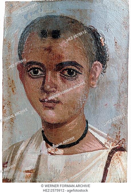 Portrait of a boy wearing gold amulet. Such portraits were apparently kept at home during the subject's lifetime and added on his death to his mummified corpse