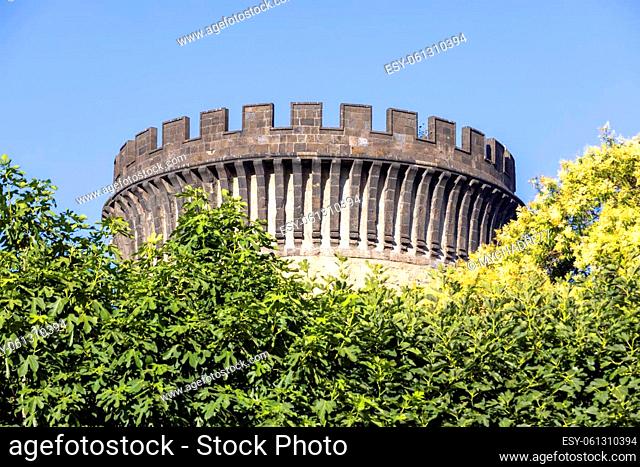 Medieval Castel Nuovo located near the Port of Naples, front view of brick towers, Naples, Italy