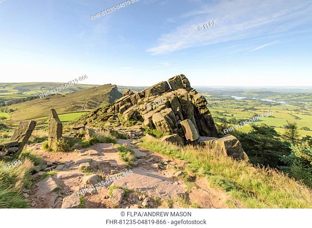 View of gritstone escarpment, looking from Roaches Estate towards Hen Cloud, Peak District N.P., Staffordshire, England, August