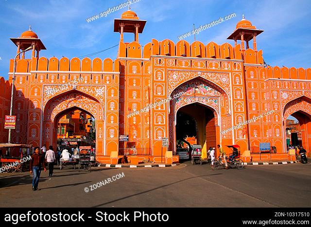 Ajmeri Gate in Jaipur, Rajasthan, India. There are seven gates in the walls of Jaipur old town
