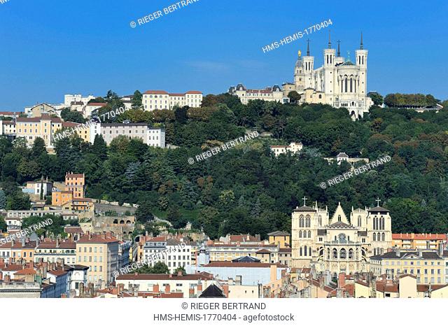 France, Rhone, Lyon, historical site listed as World Heritage by UNESCO, Saint Jean Cathedral (Saint John's Cathedral) in the Vieux Lyon (Old Town) overlooked...