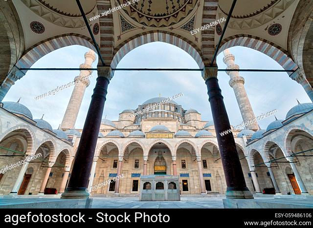 Exterior low angle day shot of Suleymaniye Mosque, an Ottoman imperial mosque located on the Third Hill of Istanbul, Turkey