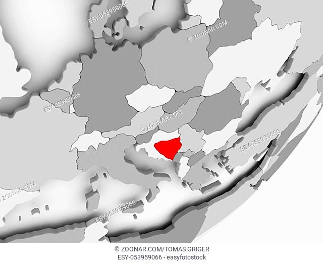 Illustration of Bosnia and Herzegovina highlighted in red on grey globe. 3D illustration