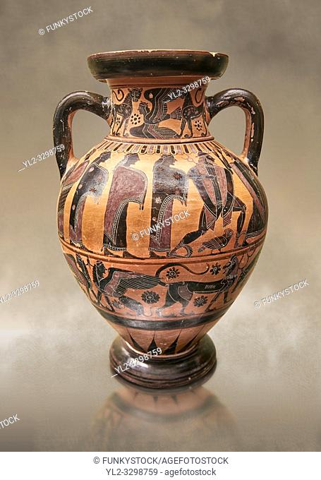 560-550 B. C Etruscan attica style amfora painted in the style of Lydos, inv 70995, National Archaeological Museum Florence, Italy