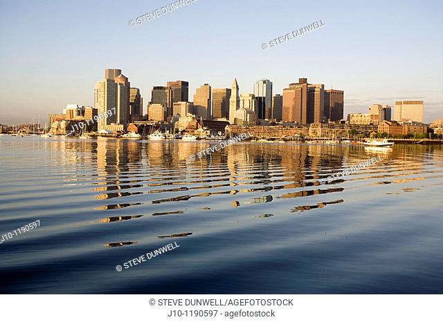 Harbor skyline at sunrise from East Boston, Massachusetts, USA