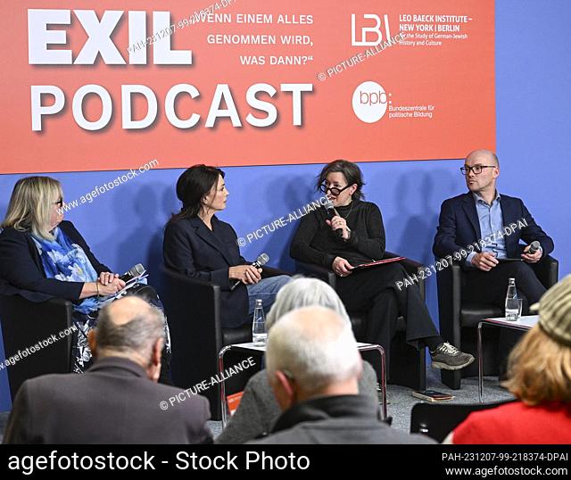 07 December 2023, Berlin: Historian Juliane Wetzel (l-r), actress Iris Berben, presenter Sharon Adler and academic David Jünger present the podcast series...
