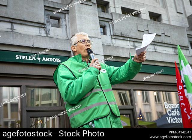 ACV-CSC deputy federal secretary Philippe Vansnick delivers a speech at a demonstration of the three trade unions FGTB-ABVV - ACV-CSC and ACLVB-CGSLB before the...