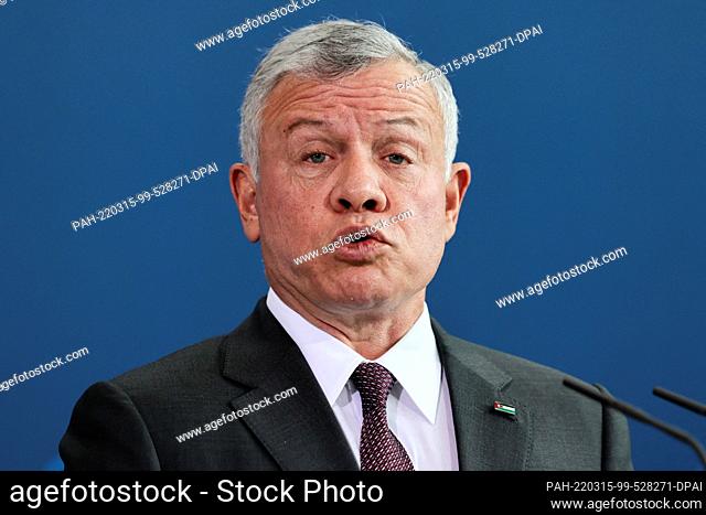 15 March 2022, Berlin: Abdullah II Ibn Al-Hussein, King of Jordan, at a press conference with German Chancellor Olaf Scholz (SPD) after their talks at the...