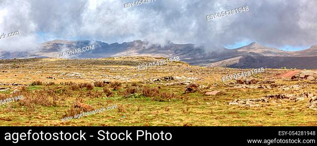 panorama of beautiful landscape, Ethiopian Bale Mountains National Park. Ethiopia wilderness pure nature. Sunny day with blue sky
