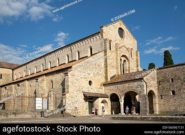 The panoramic view of the facade of the Basilica of Aquileia, Italy, dedicated to the Virgin and Saints Ermacora and Fortunato