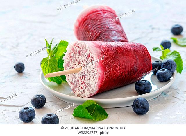 Plate of vegan berry popsicles with coconut milk, fresh blueberries and green mint on a white concrete table