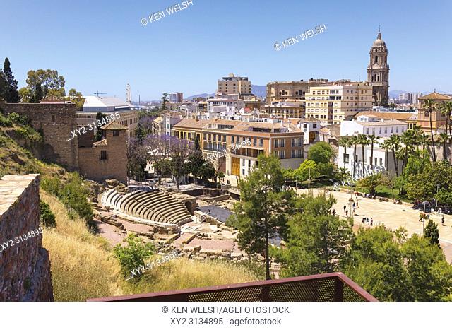 Malaga, Costa del Sol, Malaga Province, Andalusia, southern Spain. City view showing Roman theatre and cathedral. The Alcazaba can be seen to the left