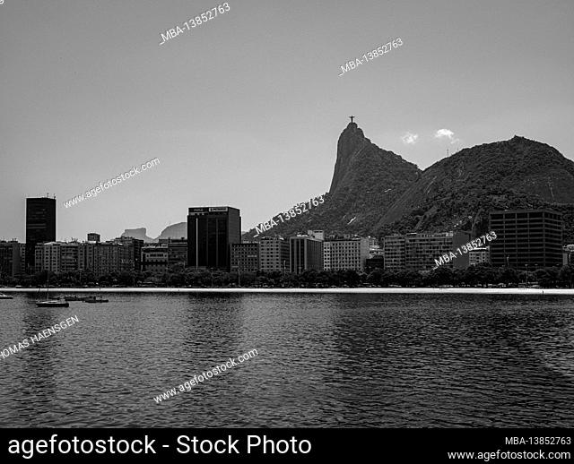 Blue sky view on corcovado mountain with christ redentor and Cityscape with skyscrapers of Botafogo in Rio de Janeiro, Brazil. Shot with Leica M10