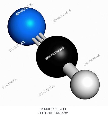 Hydrogen cyanide (HCN) poison molecule. Has typical almond-like odour. Atoms are represented as spheres with conventional colour coding: hydrogen (white)