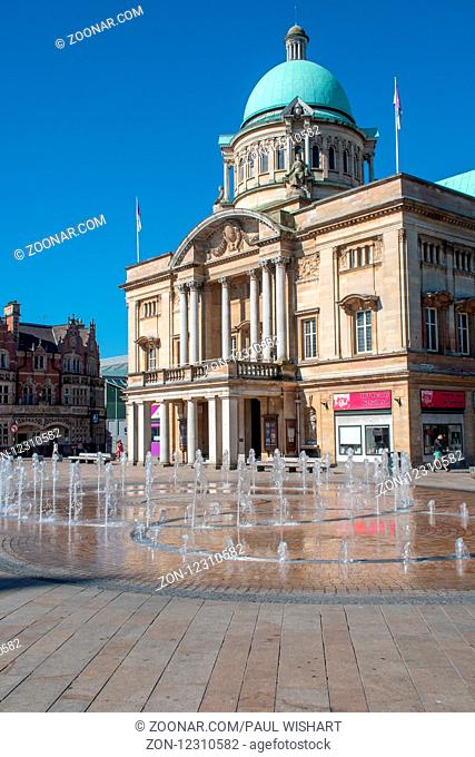 Hull Yorkshire UK - 27 June 2018: Hull City Hall with fountain in foreground