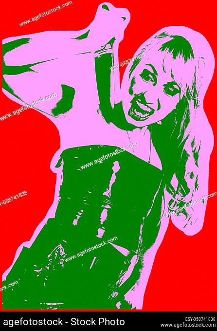 Poster with girl with knife over red background in pop art style