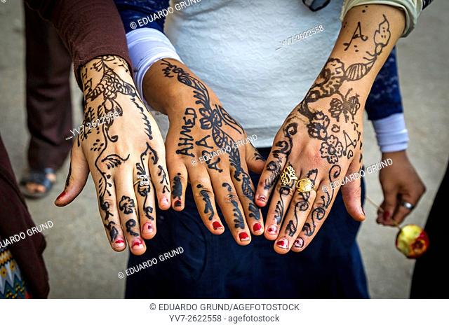 Hands decorated with henna. Mosque of Al Hussein Sayyidna next to the market Khan al-Khalili. Cairo. Cairo, Egypt