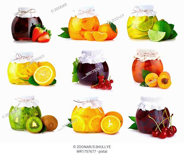 Set of glass jars with exotic fruits jam isolated