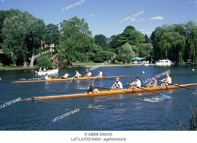 Canoeists racing on River Thames at the Goring & Streatley Annual regatta