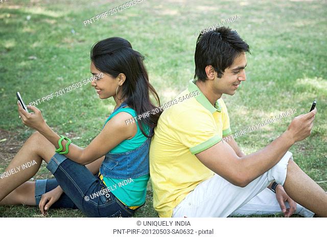 Friends text messaging on mobile phones in a park, Lodi Gardens, New Delhi, Delhi, India