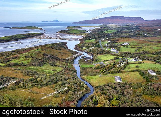 Aerial view of the landscape beside Clew Bay along the Wild Atlantic Way in Ireland