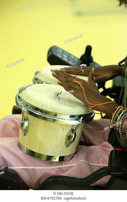 Photo essay from hospital. The association Musique et Santé at the hospital of Pediatric and Rehabilitation HPR of Bullion 78, France. Percussions