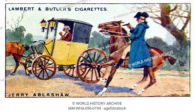 cigarette card showing: Louis Jeremiah Abershawe (1773 – 3 August 1795), better known as Jerry Abershawe, was an English notorious highwayman who terrorised...