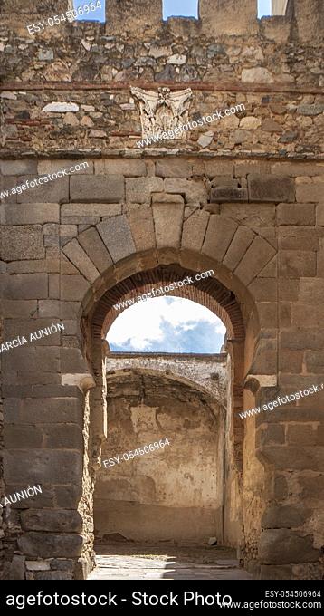 Capital Gate at Badajoz Alcazaba, walled citadel of Almohade Era, 12th Century. Extremadura, Spain
