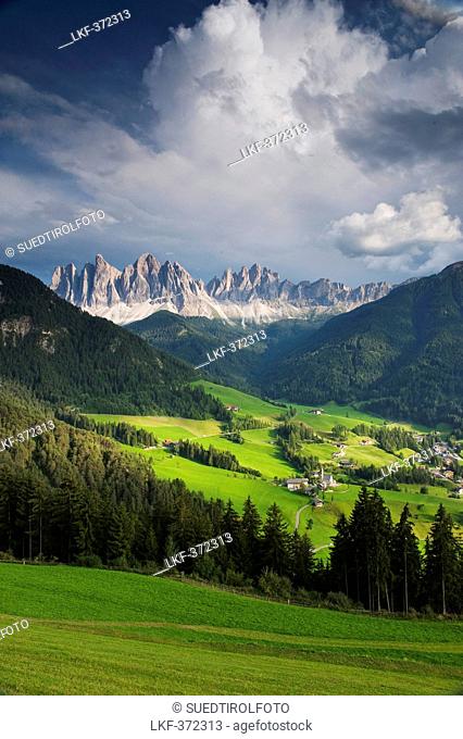 St Magdalena in front of the Geisslerspitzen, Villnoess, Valle Isarco, Alto Adige, South Tyrol, Italy