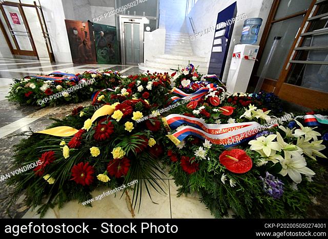 Wreaths from Czech state officials lie in the lobby of the Czech Radio building in Prague, Czech Republic, on May 5, 2020