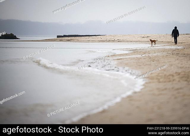 18 December 2023, Schleswig-Holstein, Schilksee: A walker with a dog is out and about in a light drizzle on the beach at Schilksee near Kiel