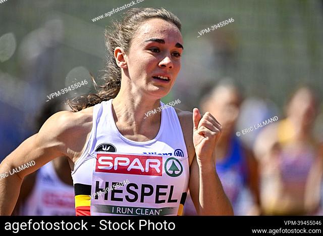 Belgian Nina Hespel pictured in action during the heats of the women's 400m hurdles race at the European Championships athletics, at Munich 2022, Germany