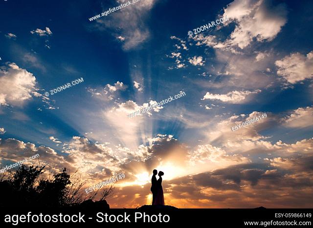 the bride and groom tenderly hug on the mountain in the rays of the setting sun. High quality photo