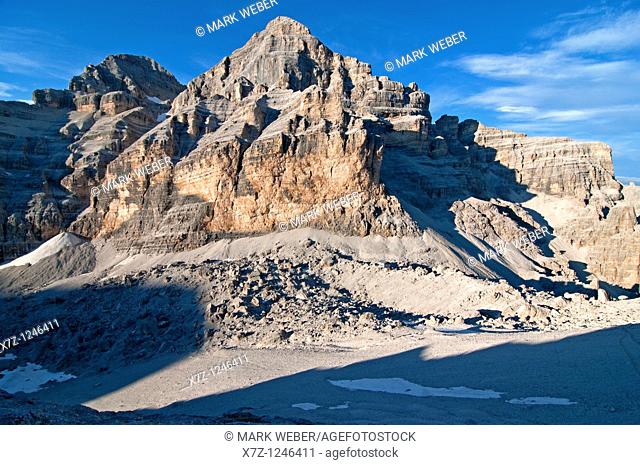 Cortina, view of Tofana Di Mezzo and the Rifugio Giussani from the summit of Tofana Di Rozes after climbing the Giovanni Lipella via ferrata on Tofana De Rozes...