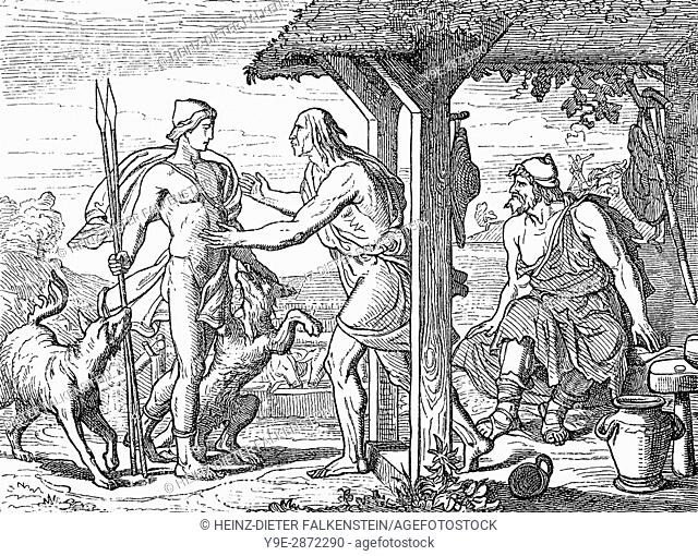 Odysseus sits by the fire as Eumaeus discovers Telemachus at the entrance of his hut, Homer's Odyssey