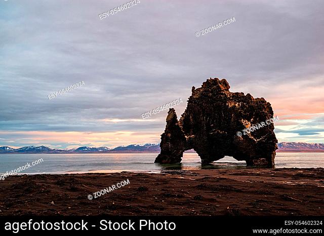 Hvitserkur the famous rock in the ocean in Iceland at sunrise